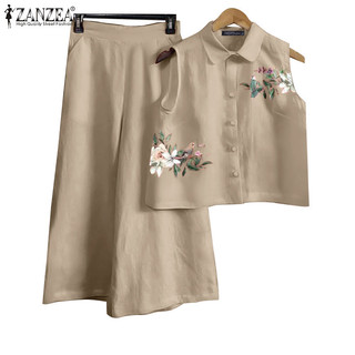 Zanzea Nữ Hàn Quốc Cổ Áo In Hình Không Tay Zip Túi Chân Rộng Áo Quần