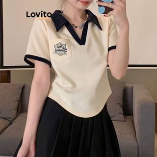 Áo thun Lovito ghép nối màu sắc thêu họa tiết phong cách thường ngày cho nữ LNE53513