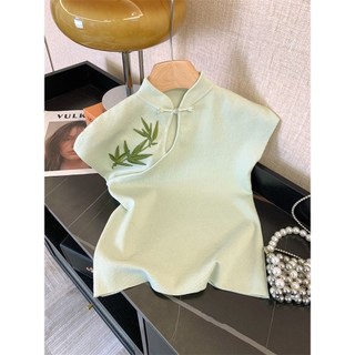 Mới Phong Cách Trung Quốc Phong Cách Quốc Gia Khóa Thêu Dệt Kim Áo Thun Nữ Xanh Sườn Xám Cổ Không Tay Nhỏ Top Mint Mambo Phong Cách 6.20