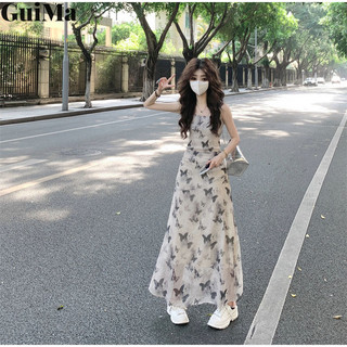 Guima Thời trang mới mực bướm váy nữ retro eo khí chất váy treo hoa mỏng