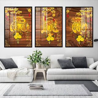  Tranh Tết - Tranh Treo Tường Chữ Thư Pháp - Phúc Lộc Thọ - Tranh Laminate Tráng Gương  Bộ 3 Tấm  