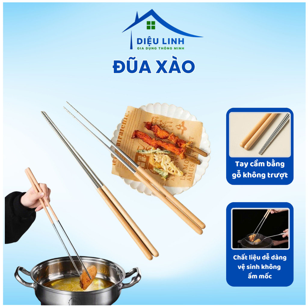 Đũa Xào Nấu Thức Ăn PLSHARK Chất Liệu Thép Không Gỉ Tay Cầm Gỗ cChống Nóng