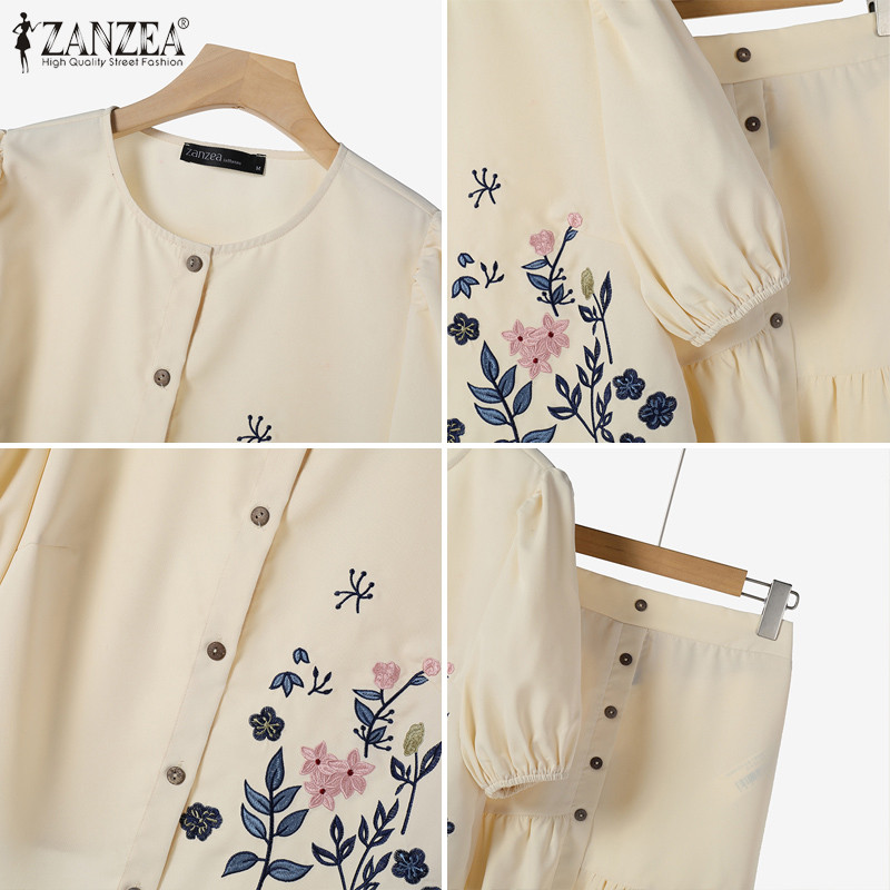 Zanzea Nữ Ngày Lễ Hàn Quốc Cổ Tròn Tay Phồng Thêu Midi A-Line Trang Phục | BigBuy360 - bigbuy360.vn