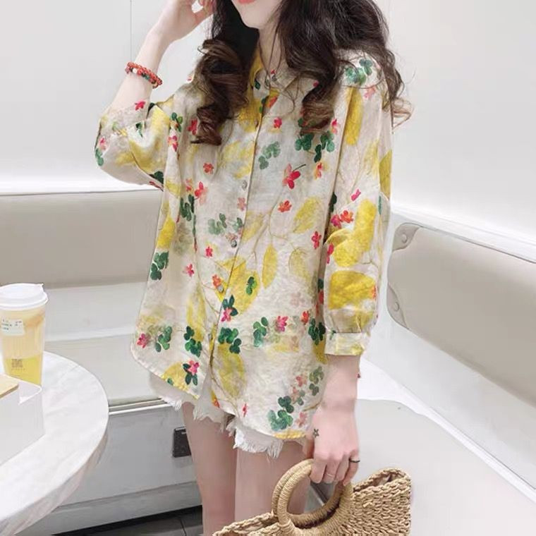 Áo sơ mi hoa cho phụ nữ, đầu thu, phong cách Hàn Quốc mới, dáng rộng, cổ polo, thời trang đa năng, á