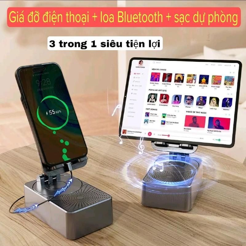 Loa Bluetooth Đa Năng Tiện Lợi 3 in1, Giá Đỡ Điện Thoại 3 Trong 1, Tích Hợp Sạc Dự Phòng