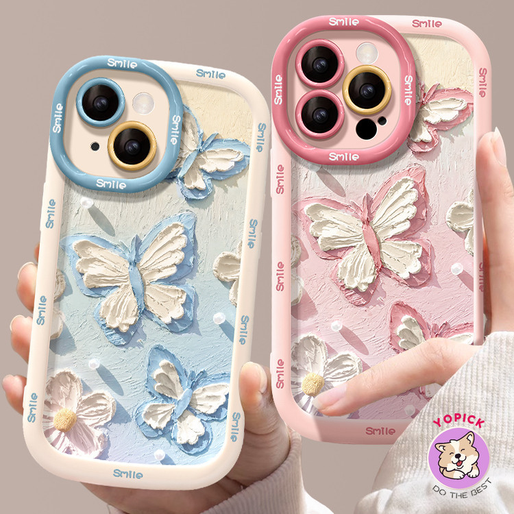 Tranh Sơn Dầu Bướm Cho iPhone 15 15pro 15Promax Ốp Điện Thoại Phong Cách Mới Nữ 13 14promax Hồng Tím Trắng 12 Niche 11 Puff Case xsmax 8plus 7plus Chống Sốc xs Vỏ Bảo Vệ JKP