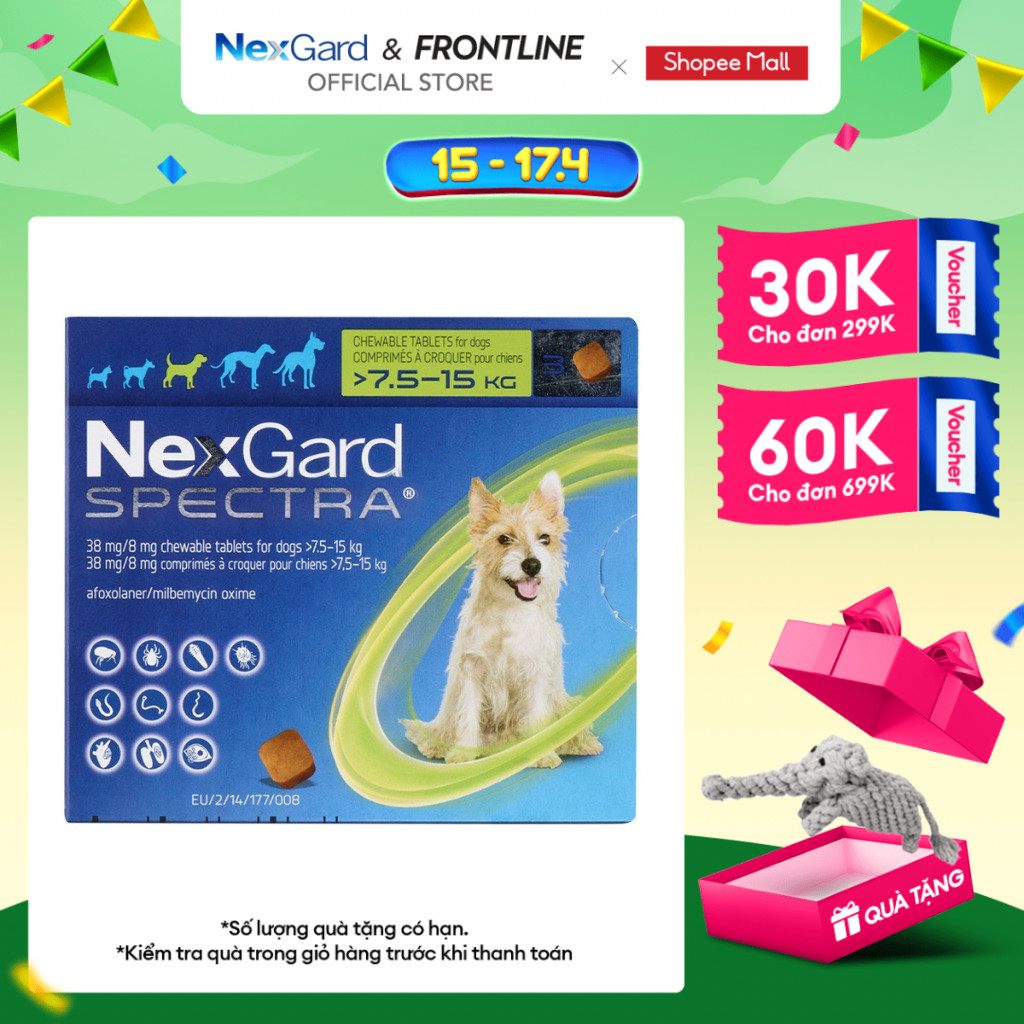 NexGard SPECTRA-Viên nhai phòng&amp;trị nội, ngoại ký sinh(ve,rận, bọ chét, ghẻ Demodex,Sarcoptes,giun) SIZE M