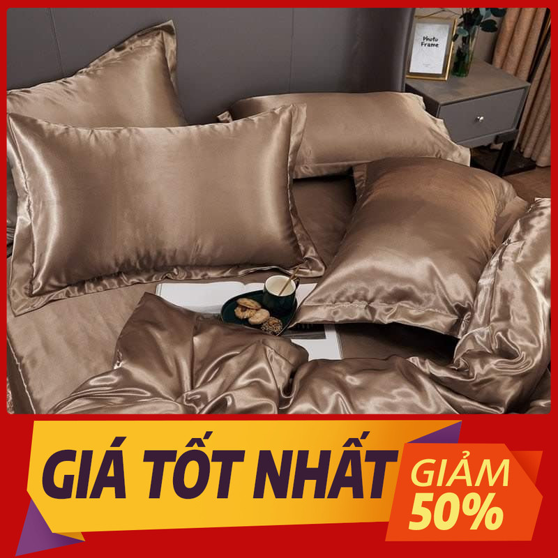 🧧HÀNG MỚI VỀ🧧 Bộ 4 Món Ga Gối Vải Lụa Silk Cao Cấp Loại I, Vỏ Gối Ôm May Khóa Kéo _Chăn Ga Sỉ HCM