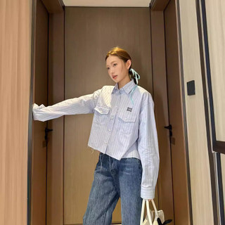 JZEF MIU MIU 24ssSpring and Summer New Fashion Classic Embroidered Letter Striped Hem Frayed Long Sleeve Short Shirt