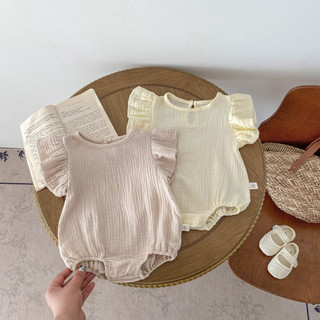 2024 Phong Cách Mới Cho Bé Onesie ins Bé Mùa Hè Sợi Cotton Màu Trơn Thoáng Khí Một Mảnh Áo Liền Quần Bé Gái Mỏng Phong Cách Bay Tay Crepe Đi Chơi Quần Áo Liền Quần