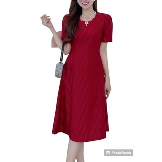 Đầm trung niên đi tiệc thun sọc cổ sóng nước, Đầm trung niên dáng midi thun sọc Đầm trung niên đi tiệc thun sọc cổ sóng