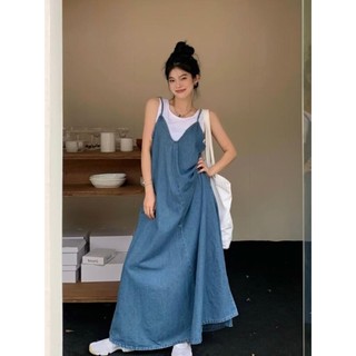 Đầm Denim Mùa Hè 2024 Phiên Bản Hàn Quốc Phong Cách Mới Cổ Chữ v Rời Đầm Dài Thường Ngày