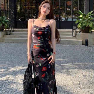 Sinransinya Váy dây hoa dành cho nữ retro eo giảm béo Gói chữ A váy hông mùa xuân