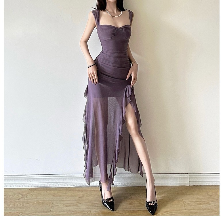 Kliou Pháp Màu Trơn Ruffle Edge Lưới Splice Slim Fit Trưng Bày Body Slim Dress Đầm Dài Đa Năng