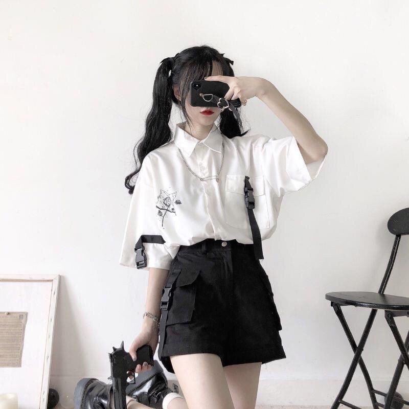 Set Áo Sơ Mi Ngắn Tay Cổ Polo Rộng Rãi+Quần Short Ống Rộng Phong Cách BF Nữ Sinh