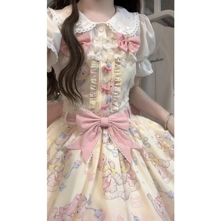 Áo Sơ Mi Cổ Búp Bê Trẻ Trung Tuổi Thiếu Nữ Đáng Yêu Lolita, Váy Dây Đeo In Hoa Khâu Ren Nơ, Bộ Đồ Kiểu Tây