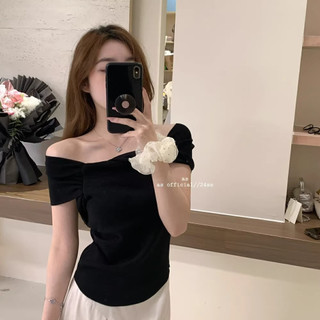 Áo Trễ Vai Áo Coquette Tay Ngắn Áo Kiểu Nữ ôm body Thiết kế đồ dệt kim ngắn tay nữ 2024 Phong cách mới sang trọng cổ vuông