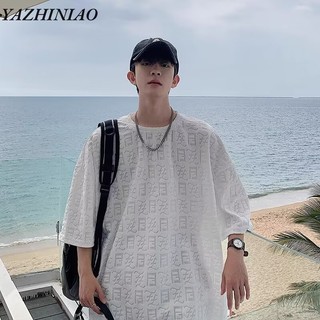 Yazhiniao nam ngắn tay phong cách Hàn Quốc đơn giản theo xu hướng đơn giản Áo thun dáng rộng phong cách Hồng Kông