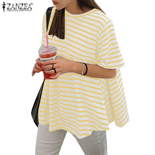 Zanzea Áo sơ mi nữ cổ tròn tay ngắn sọc dáng rộng