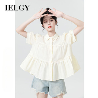 IELGY Apricot polo cổ áo sơ mi eo nữ dáng rộng che bụng