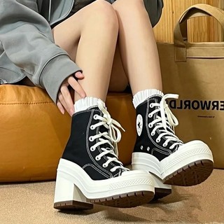Retro Cao Gót Dày Gót Giày Vải Ống Ngắn Phía Trước Dây Đeo Chữ Thập Bốn Mùa Đa Năng Ngón Chân Tròn Dày Giày Bốt Thời Trang Nữ Giày Bốt Thể Thao Giải Trí Tăng Chiều Cao Đế Dày Giày Trắng Cao Cấp Yếu Tố