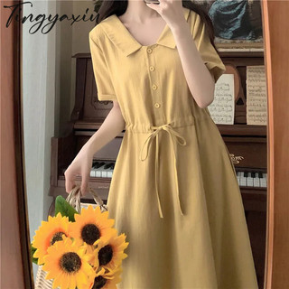 Tingyaxiu Váy nữ ve áo eo thon dài váy cotton và vải lanh kiểu Pháp