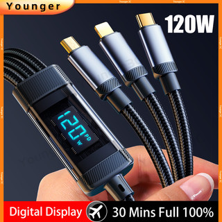 3 trong 1 120w có thể nhìn thấy nguồn trong suốt siêu nhanh dây sạc màn hình kỹ thuật số thông minh cáp sạc cho ios15 loại c micro 6a cáp dữ liệu usb