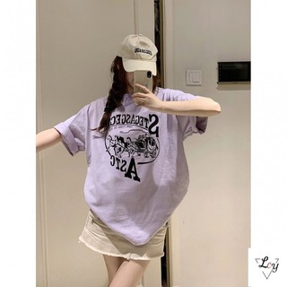 Áo thun ngắn tay cỡ lớn Áo cỡ lớn Áo cỡ lớn Áo nữ Hàn Quốc Áo nữ phong cách Mỹ đường phố mặc đường phố màu tím Áo thun ngắn tay nữ