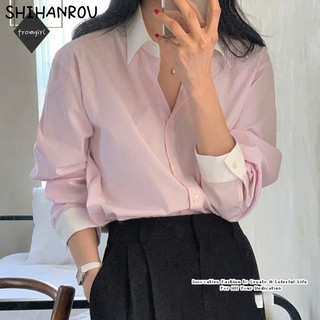 Áo sơ mi sọc dài tay họa tiết SHIHANROU dành cho nữ, thời trang Hàn Quốc mới