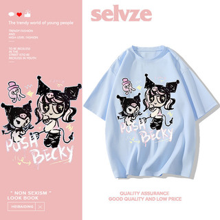 SELVZE Áo thun Cotton ngắn tay nguyên chất Oversize dáng rộng thường ngày Kuromi in hình