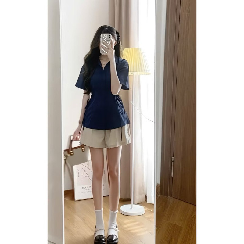 Áo sơ mi đũi chiết eo nơ kiểu tiểu thư công sở xinh xắn | BigBuy360 - bigbuy360.vn