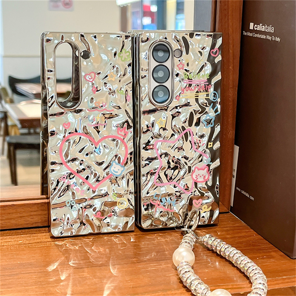 Ốp điện thoại hình trái tim tình yêu hình ngôi sao mạ điện có vòng tay cho Galaxy Z fold 6 Z Fold6 F