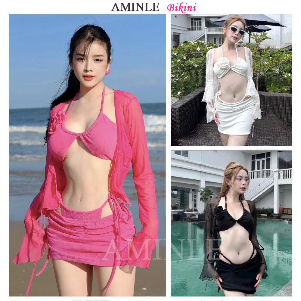 Sét Bikini 4 mảnh hồng sexy phối hoa cài áo, Set 4 chi tiết cao cấp DJ MIE BK038