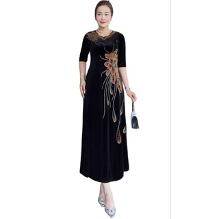 Váy, Đầm dạ hội trung niên sang trọng cho mẹ chất nhung tuyết hoa mai ngự sử đính đá 75kg, Đầm nhung trung niên bigsize