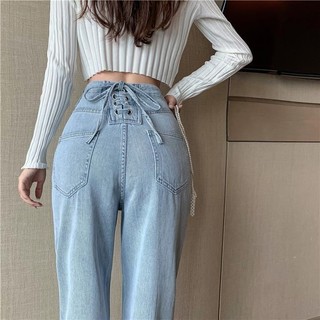 Quần Jean Nữ SARA VN Nâng Chân Có Dây Buộc Nơ Đằng Sau Phong Cách Hàn Quốc Mới Lưng Cao Thiết Kế Retro - Mã TD068