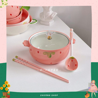  Nồi tô bát úp mì sứ dâu hồng tô canh hai tai có nắp đậy tô mì đựng thức ăn ăn lẩu salad cơm phở kèm muỗng sứ đũa 