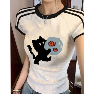 【100% cotton 】Áo baby tee Áo Thun ôm body Áo y2k Áo thun nữ tay ngắn in hình hoạt hình mùa hè cho nữ