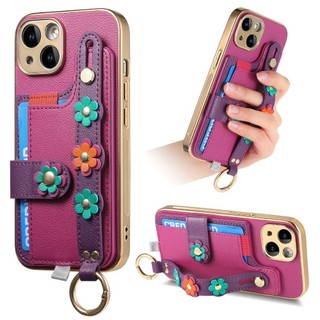 Ốp Điện Thoại Cho iPhone 15 14 Plus 13 12 11 Pro Max Dây Đeo Cổ Tay Vòng Khe Cắm Thẻ Giá Đỡ Da PU Mạ Điện 3D Hoa