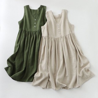 Vải Lanh Cotton Nhật Bản Đơn Giản Màu Áo Vest 2025 Phong Cách Mùa Hè Rời Kích Thước Lớn Bao Bụng Thon Gọn Hơn Nhìn Đầm Không Tay Giảm Tuổi
