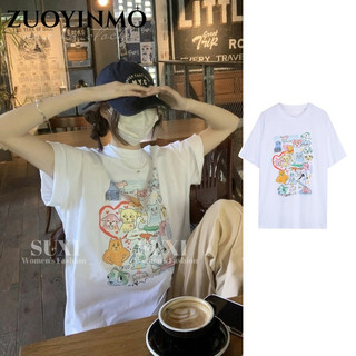 Zuoyinmosuxi - Áo thun cổ tròn Cotton nguyên chất in hình lớn thời trang mùa hè thông thường