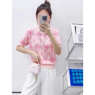 Mùa Xuân Phong Cách Mới Kim Cương Kiểm Tra Chữ Jacquard Hồng Đẹp Cổ Tròn Rời Sang Trọng Dệt Kim Top Nữ Happy Me ZU6A