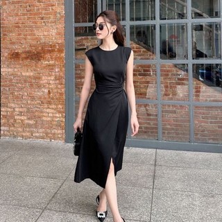 JOVEN Đầm Dài Độn Vai Nhún Eo Trẻ Trung Thanh Lịch
