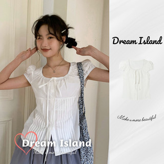 『Dream Island』Áo sơ mi tay ngắn màu trắng babydoll tay phồng croptop ôm sát có nơ xếp ly ngọt ngào