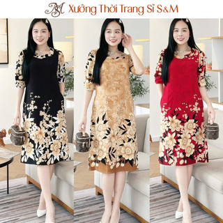 Đầm suông hoa tay hơi phồng đính nút, có túi - GR0305 (Hình thật shop chụp)