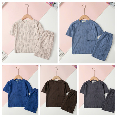 Bộ cotton Bé trai túi ngực cổ tròn ngắn tay quần túi hộp size 4 đến 14 tuổi