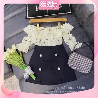 Set áo trễ vai kèm cv đen cho bé gái