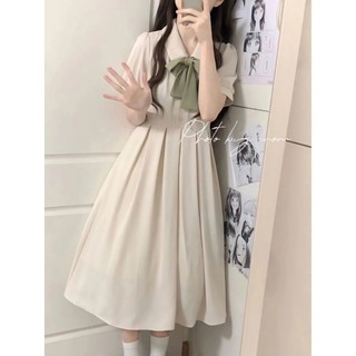 Mùa hè Mới Phong Cách Pháp Tay Ngắn Chữ A Đầm Platycodon Grandiflorum Nghệ Thuật Vintage Nơ Búp Bê Cổ Đầm Học Sinh Thắt Lưng Giữa Chiều Dài Xếp Ly Đầm LMCZ