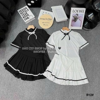Set bộ áo cổ tròn buộc nơ phối sọc phối chân váy tennis phong cách thể thao