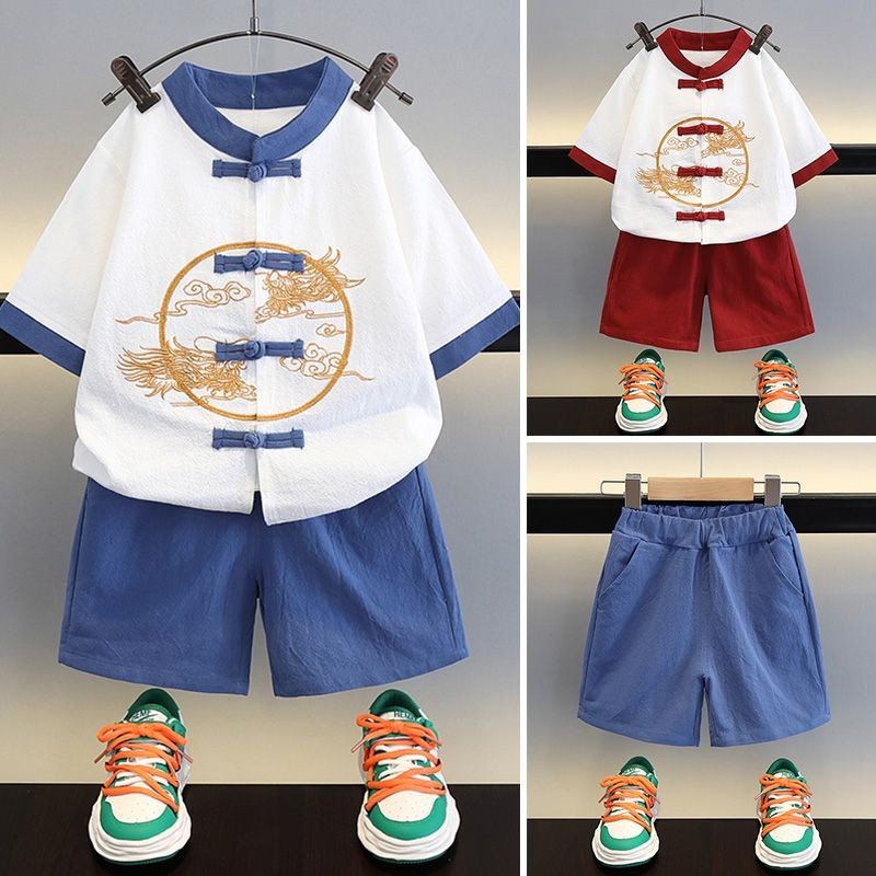 Bộ đồ ngắn tay mùa hè cho bé trai Hanfu Bộ đồ mùa hè phong cách mới Bộ đồ bé trai Đường Bộ đồ ngắn tay cho trẻ em mùa hè Bộ đồ ngắn tay cho trẻ em