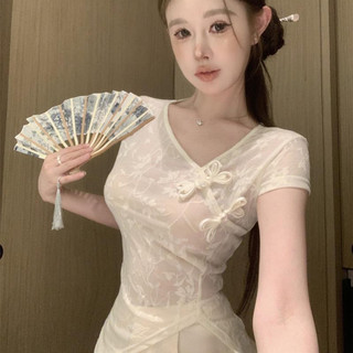 Nút đĩa phong cách cổ điển mùa hè cổ chữ v ngắn tay dành cho nữ